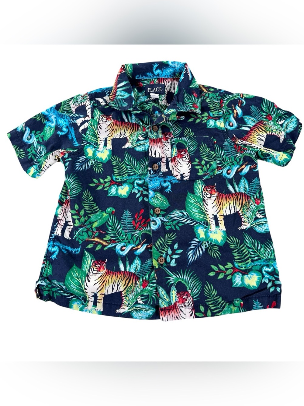 The Children’s Place Boys 5/6 Jungle Tiger Tropical Button Up Shirt Navy Cotton